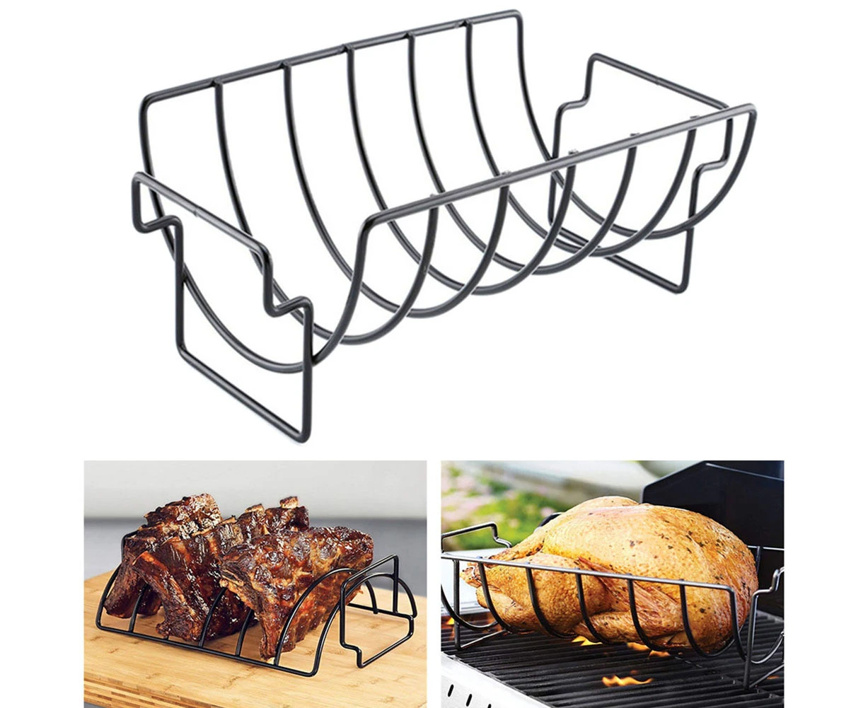 Portable Non-stick Outdoor Camping BBQ Barbecue Grilling Rib Basket Stand Rack - Black