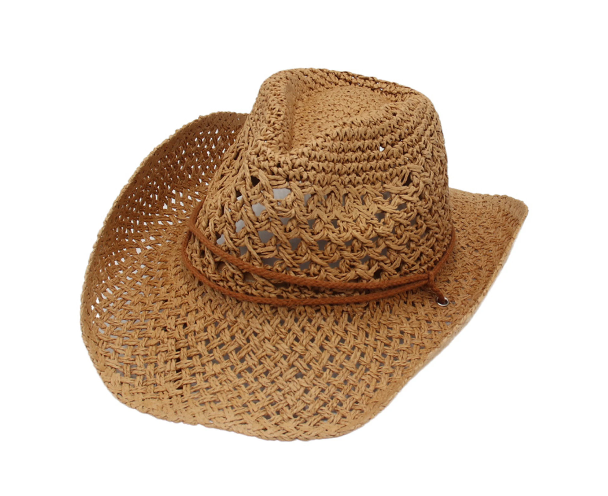 Unisex Sun Hat Straw Woven Wide Brim Sun Protection Vintage Windproof Boater Hat for Beach - Khaki