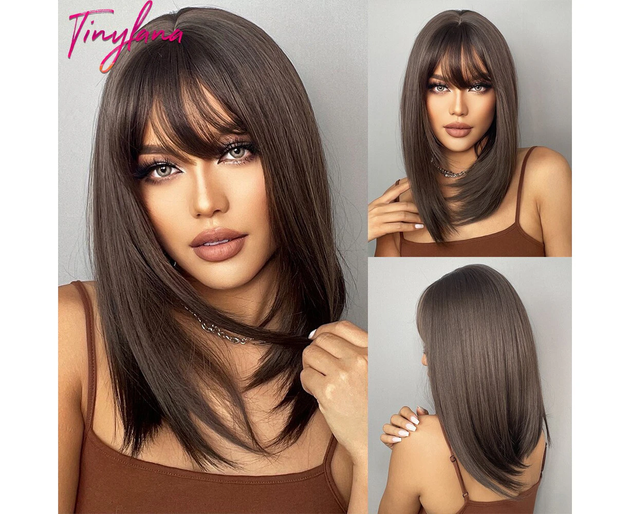 Dark Black Brown Synthetic Long Straight Layered Wig for Women with Side Bangs Mid-length Natural Hair Wigs Heat Resistant