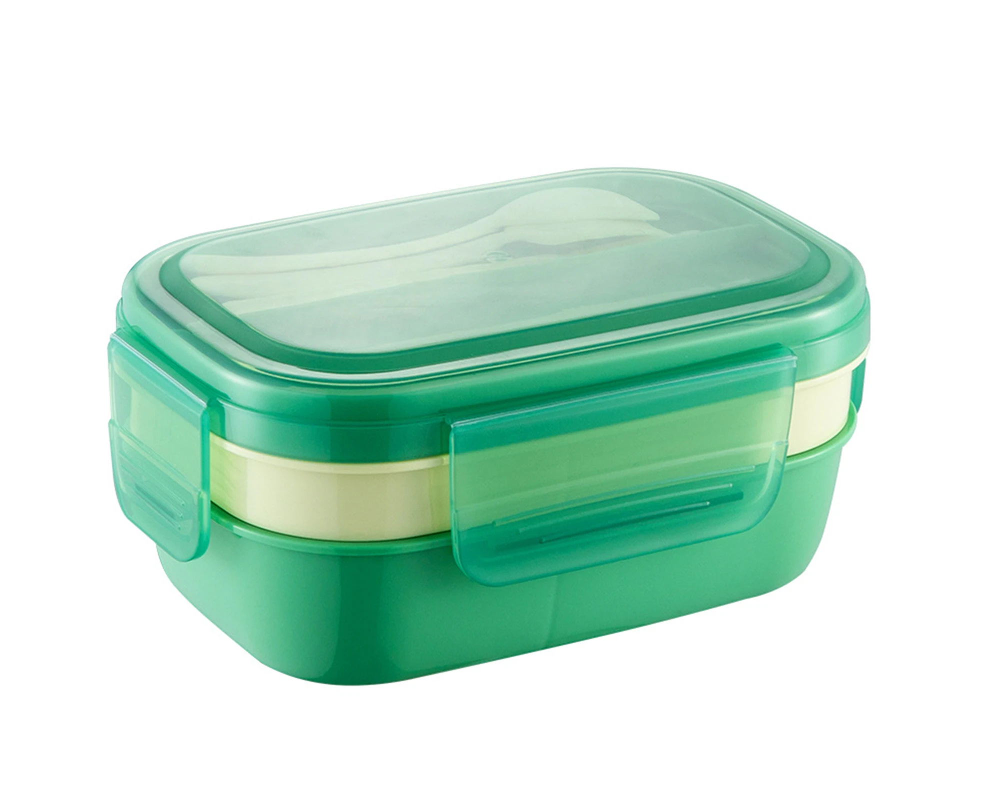 1 Set 1900ML Lunchbox with Cutlery Leakproof 5 Compartments Heat-resistant Rectangular Kids Adults Food Box for School Green