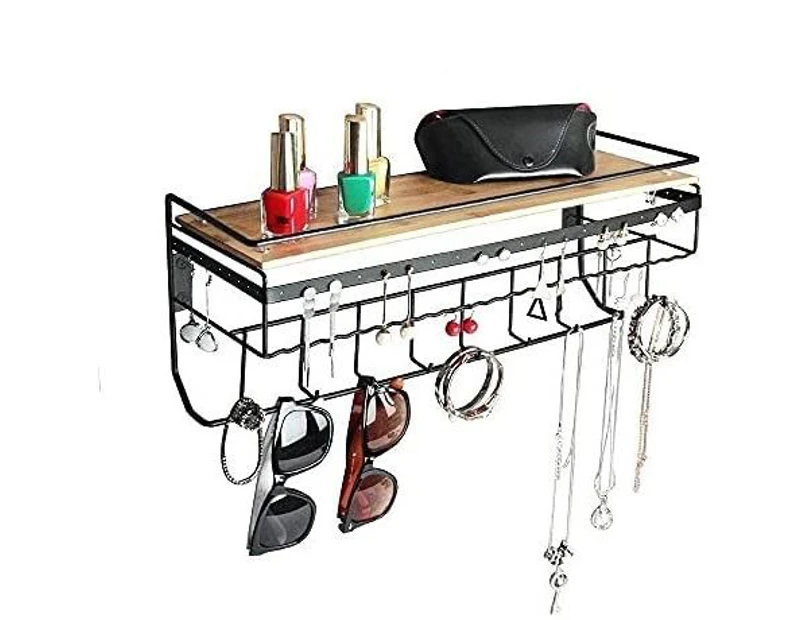 Wall Mount Hanging Jewelry Organizer with 9 Hooks (Black Metal)