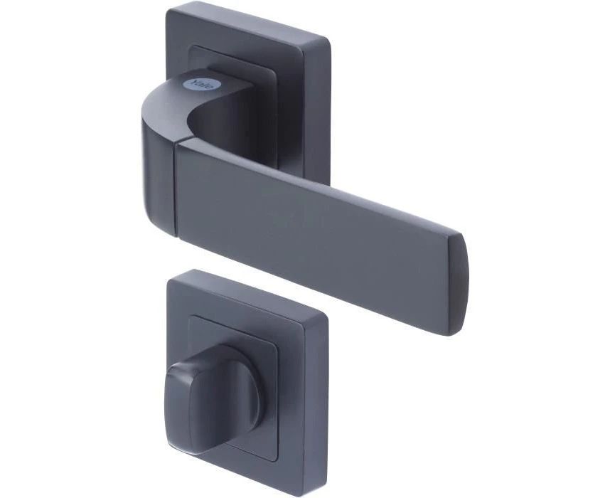 Yale Bologna Matte Black Rose Door Handles Pair - Locking Function Rosettes Included - 7mm Square - Button Lock for Bathroom and Toilet Doors, YPP7-V-CB