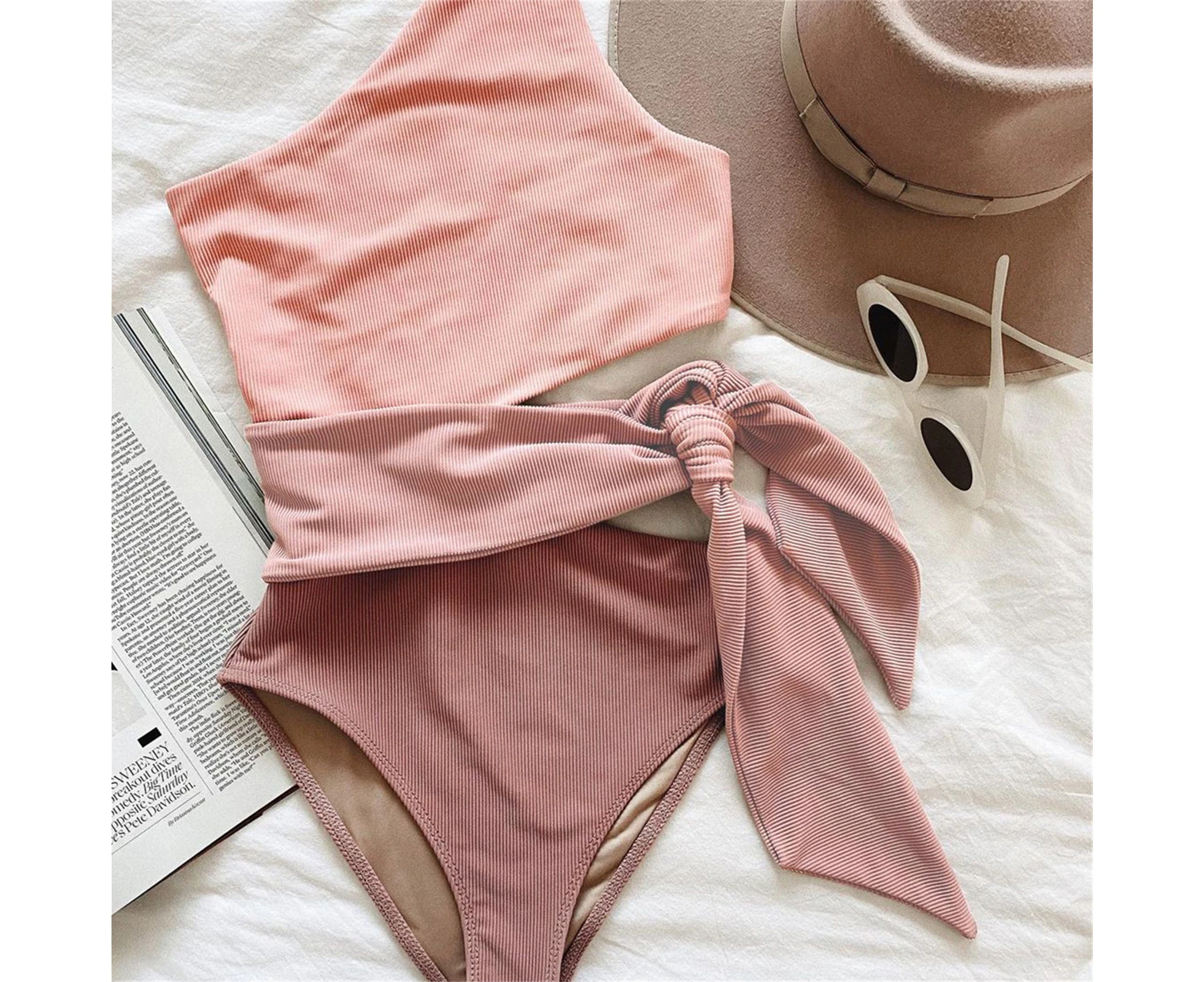 Bikini Bodysuit Super Soft Wear Resistant Polyester One-shoulder Swimsuit One Piece Swimwear for Girl-Pink