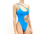 Women Swimsuit Solid Color One Shoulder Spaghetti Strap Hollow Out Lady Monokini for Swimming-Blue