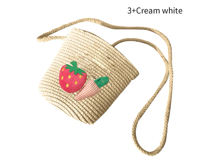 Straw Fashion Children Mini Cartoon Wallet Beach Crossbody Shoulder Hanging Bag Cream White 3