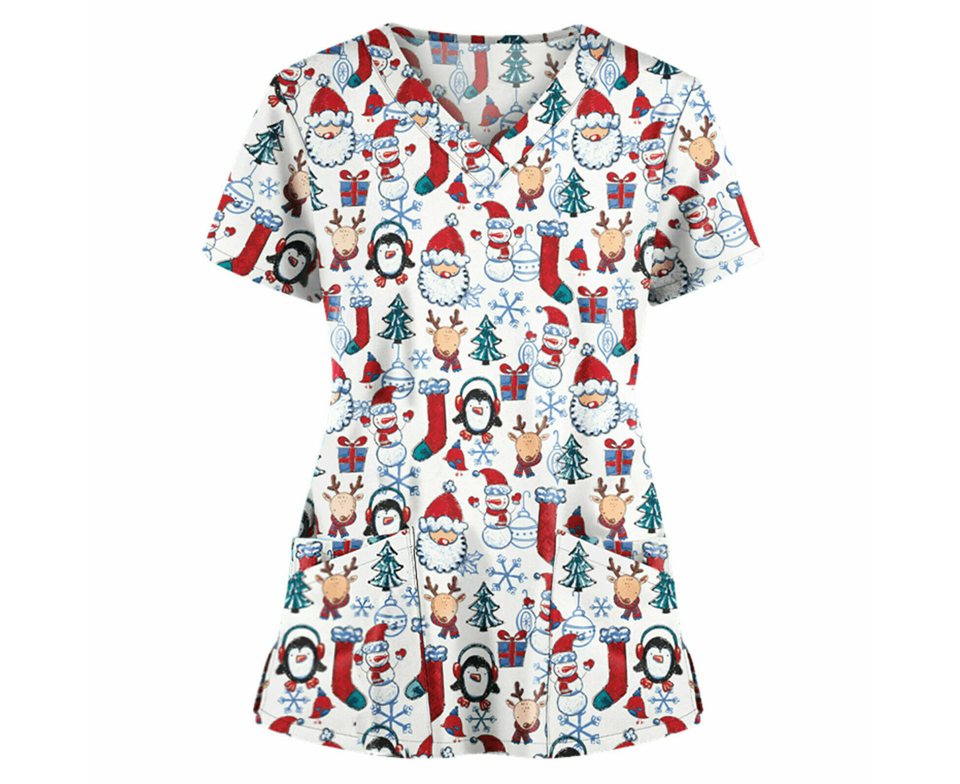 Women Christmas Print Scrubs V Neck Top Work Uniform Casual Nurse Blouse T-shirt - B