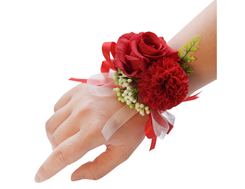 Wrist Flower Non-Fading Multi-color Decorate Elegant Bride Groom Fake Wrist Corsage for Party - Red