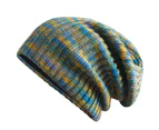 Women Hat Mixed-Color Stripe Autumn Winter Thicken Warm Windproof Knitted Hat for Daily Wear - Blue Green