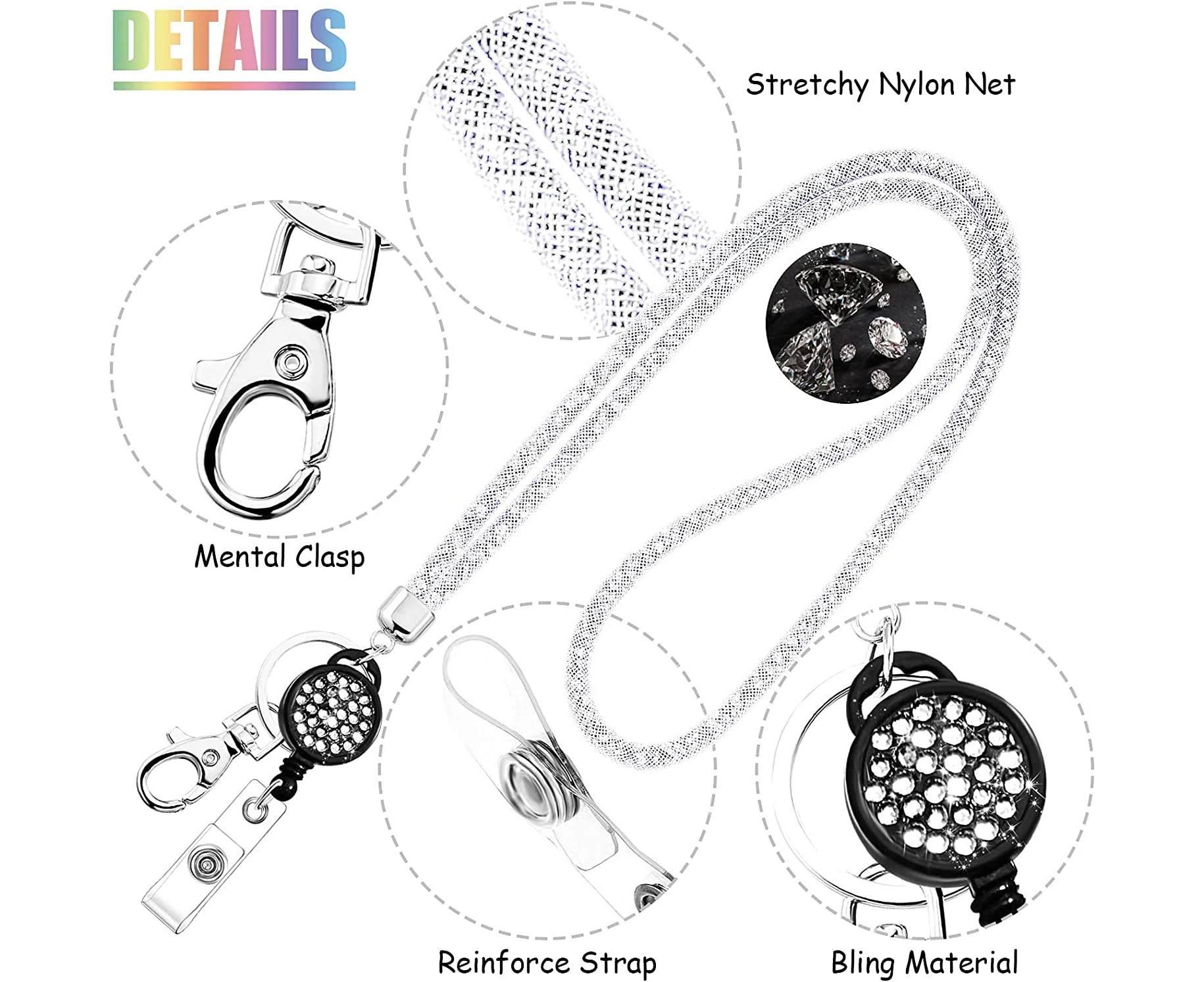 Crystal Lanyard Necklace, Key Chain, Clear Bling Crystal Rhinestone Badge Lanyard and Key Neck Strap (White)