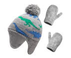 Dinosaur Cap Pompom Knitted Beanie Gloves Mitten Baby Toddler Winter Warm Set - Blue