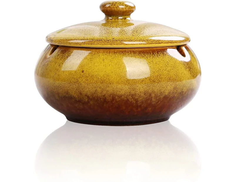 Ceramic Ashtray With Lid, Windproof, Cigarette Ashtray For Indoor Or Outdoor Use, Smoking Ashtray - Yellow