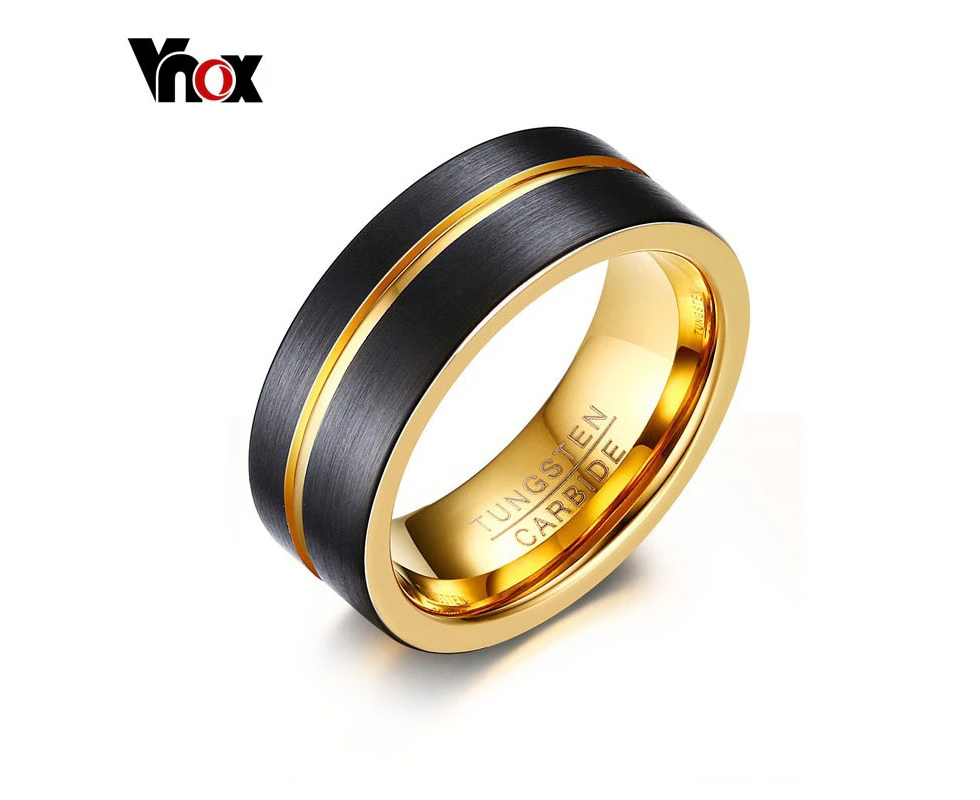 Vnox Thin Gold-color Line Ring for Men Jewelry 8MM Black Tungsten Carbide Ring （ size:8 )