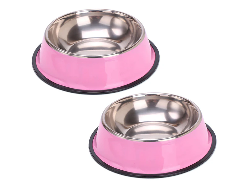 Stainless Steel Dog Bowls, Food and Water Non Slip Anti Skid Stackable Pet Puppy Dishes (2 Pack) - Pink