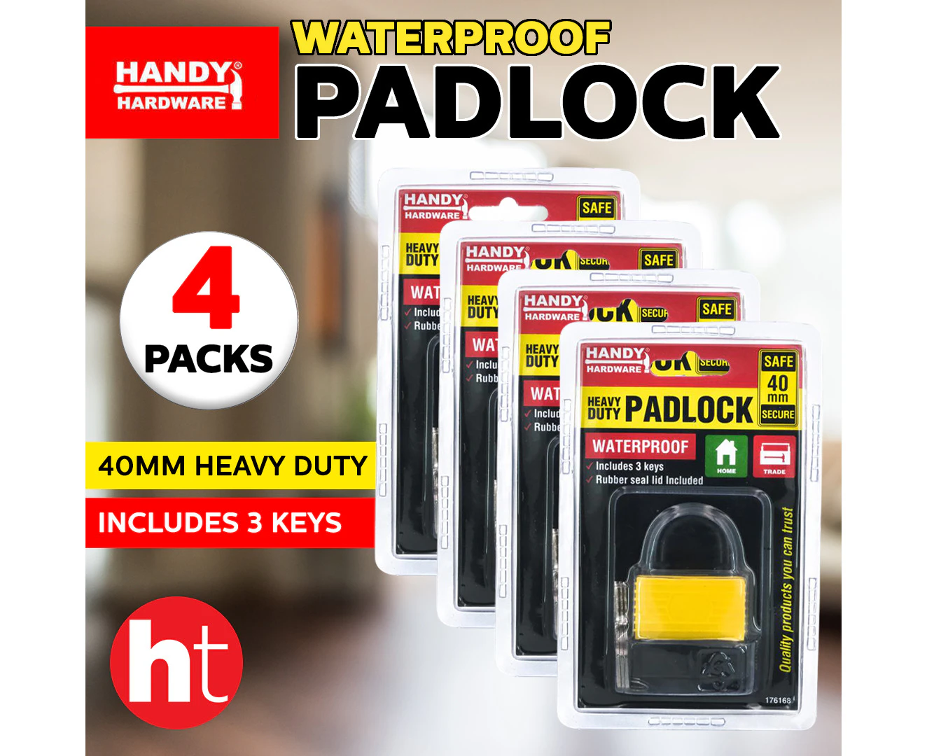 [4PK] Handy Hardware Heavy Duty Padlock, 3 Keys Per Lock, water proof, rubber seal lid included, Secure Lockers, Luggage, Bags, Tool Boxes, Doors etc