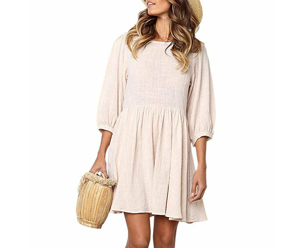 Women Dresses Half Sleeve Cotton Linen Pleated Round Neck Solid Casual Mini Dress,Beige,S