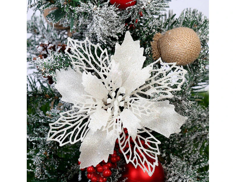 10Pcs White Christmas Poinsettia Glitter Flower Tree Hanging Xmas Party Tree Decoration