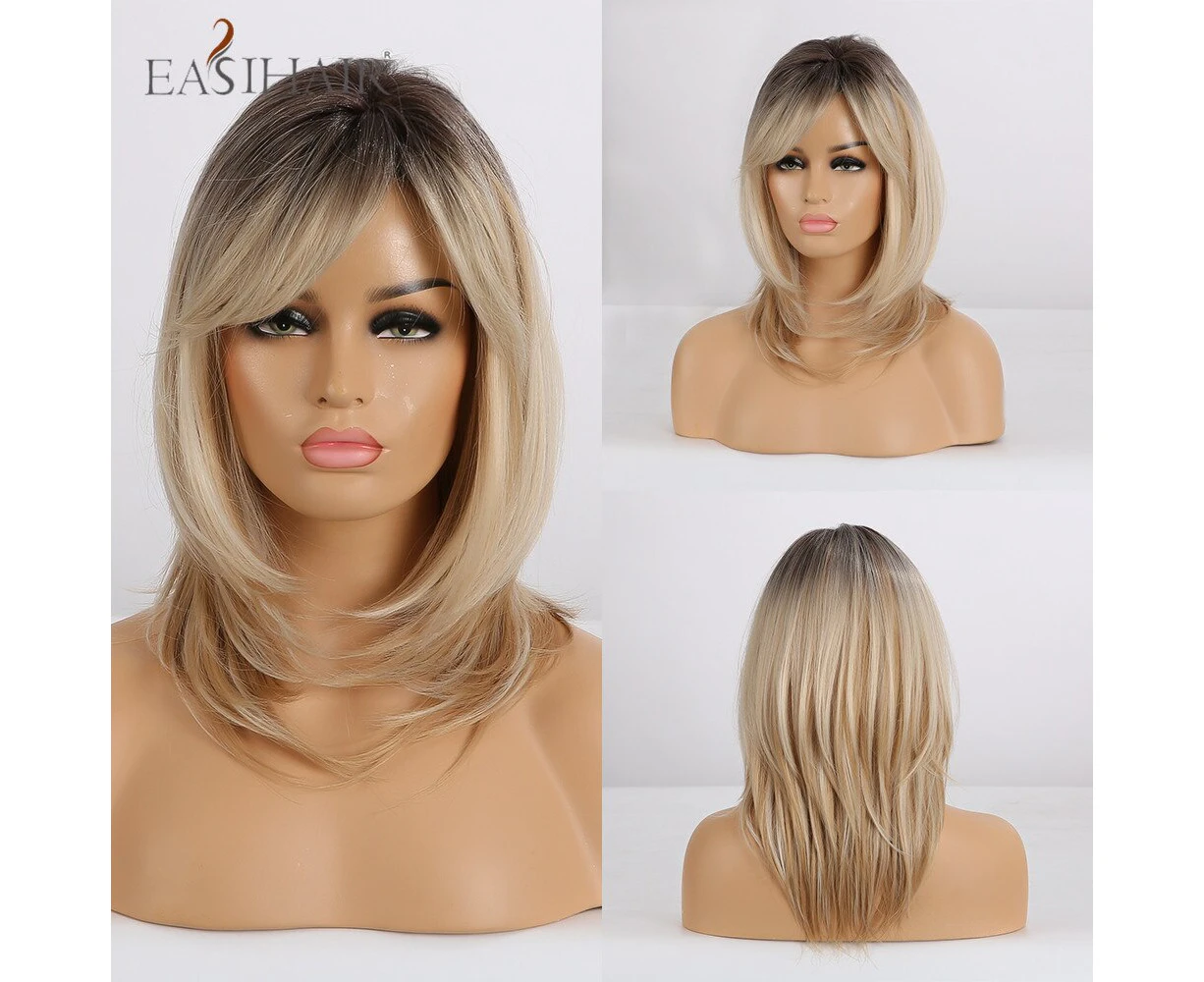 EASIHAIR Black Mixed Golden Wigs With Bangs Short Bob Curly Wavy Synthetic Wigs for Women Daily Party Heat Resistant Women's Wig