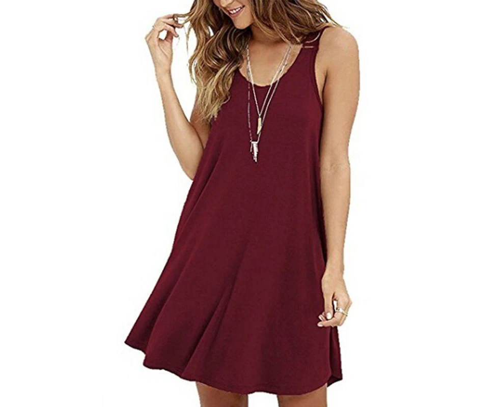 Women'S Pure Color Sleeveless Cotton Summer Casual Tank Top Dress,Wine Red,L