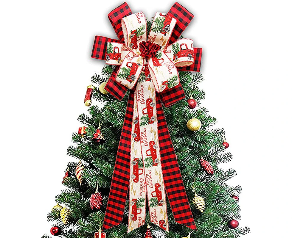 (Large Red+white) - POPKER Christmas Tree Topper Handmade Buffalo Plaid Bowknot Ribbon Large Size Decorations , Rustic Farmhouse Xmas Home Decor, Red + Whi