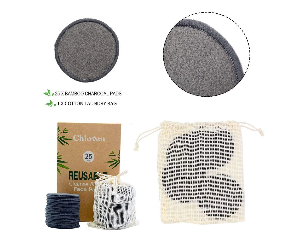 25 Pack Charcoal Bamboo Reusable Makeup Remover Pads - Organic Bamboo Reusable Cotton Rounds