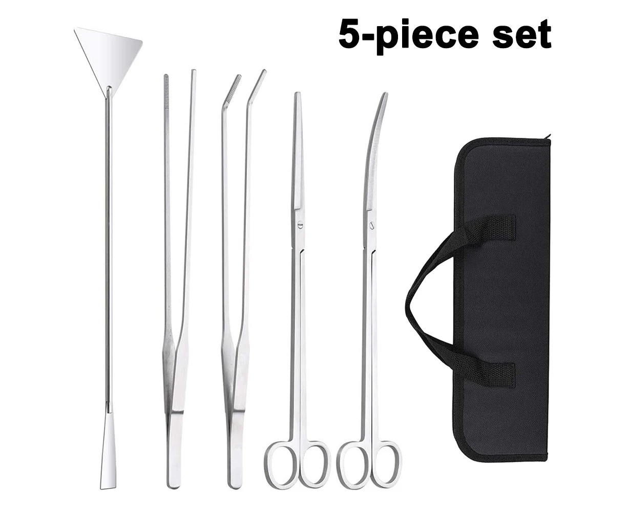 Aquarium Tools Kit, 5 in 1 Stainless Steel Long Fish Tank Scraper Aquarium Kits, Aquatic Planting Tweezers Scissors - Silver