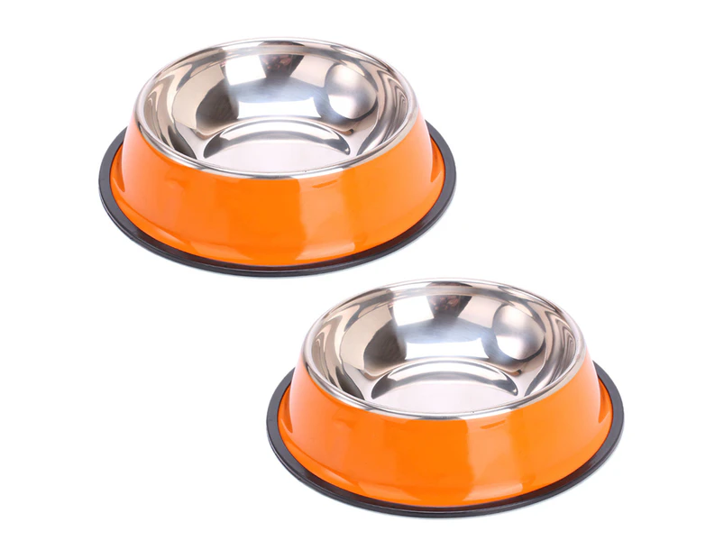 Stainless Steel Dog Bowls, Food and Water Non Slip Anti Skid Stackable Pet Puppy Dishes (2 Pack) - Orange