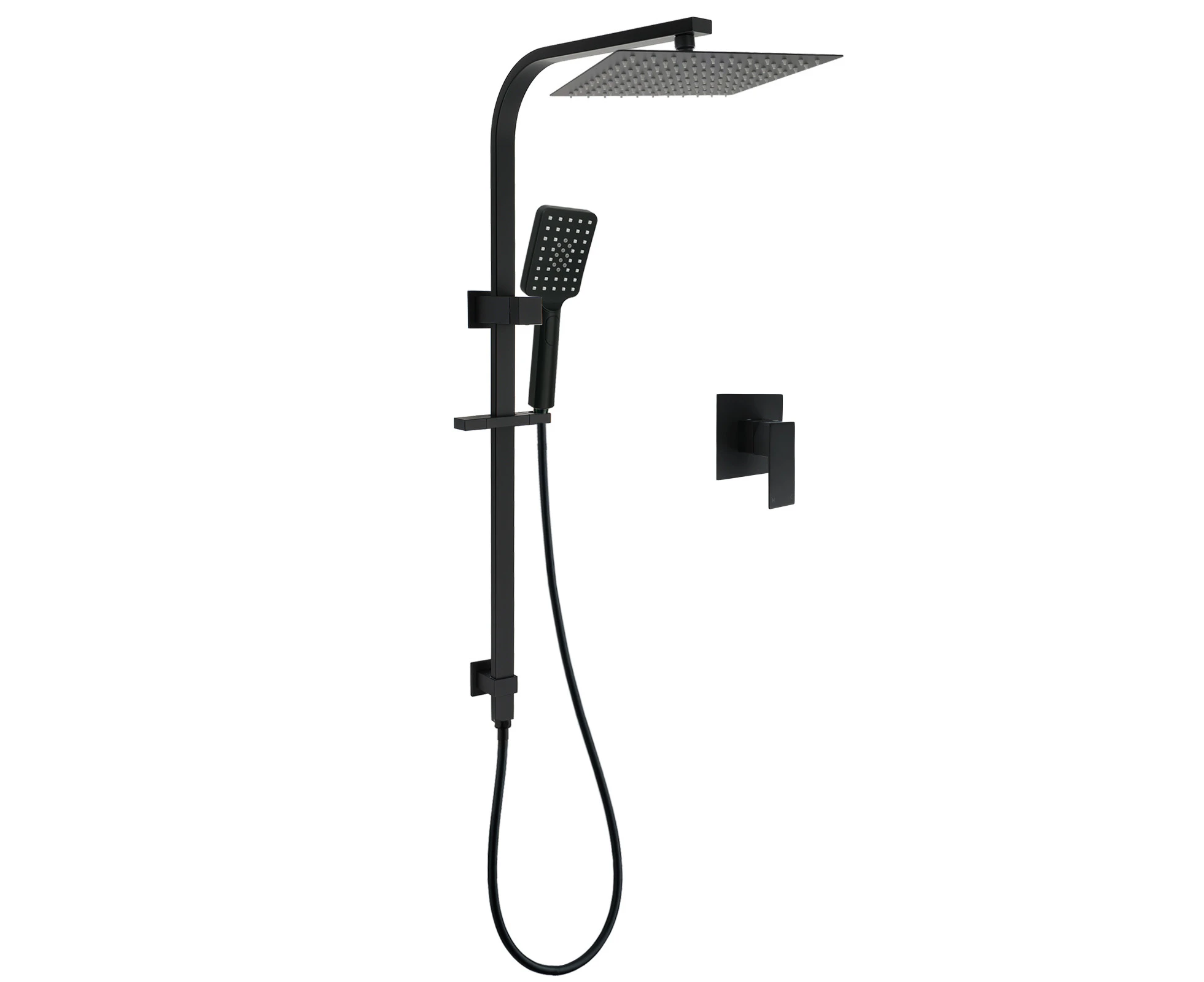 WELS Matt Black 2in1 Shower Set 10" Square Rain Head Handheld Silde Rail Arm Mixer Valve