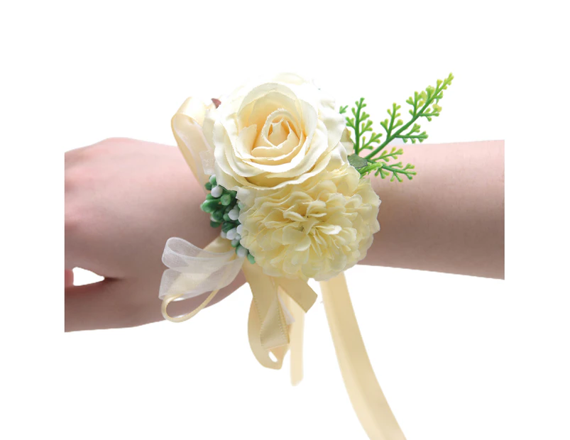 Wrist Flower Non-Fading Multi-color Decorate Elegant Bride Groom Fake Wrist Corsage for Party - Yellow