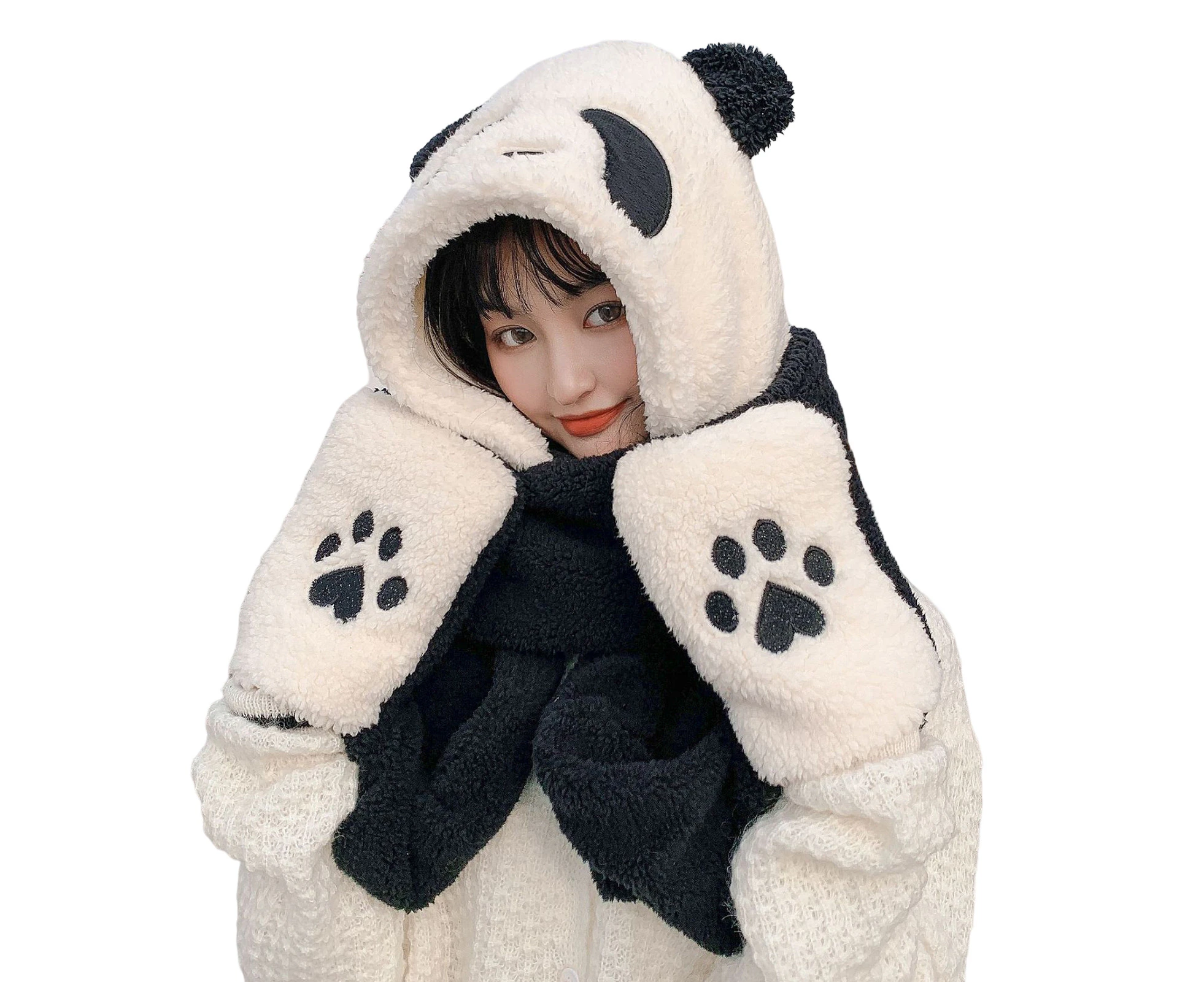 Plush Hat Cute Panda Shape Bear Claw Decor 3 in 1 Multipurpose Keep Warm Thickened Windproof Winter Women Scarf Gloves Cap for Outdoor White