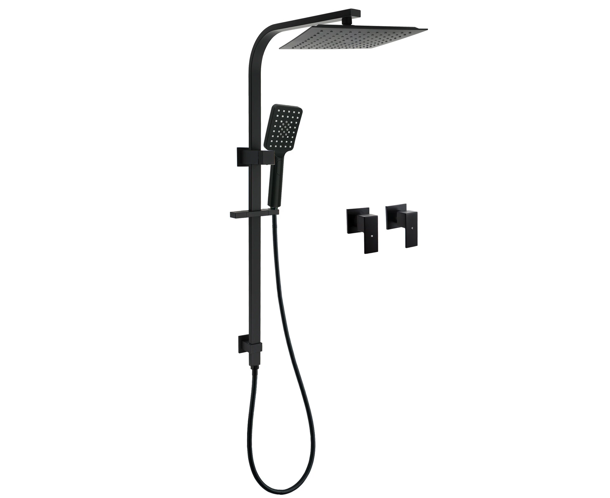 Matt Black Square Twin Shower 10" Rain Head 3 Modes Handheld Silde Rail Arm Taps Set