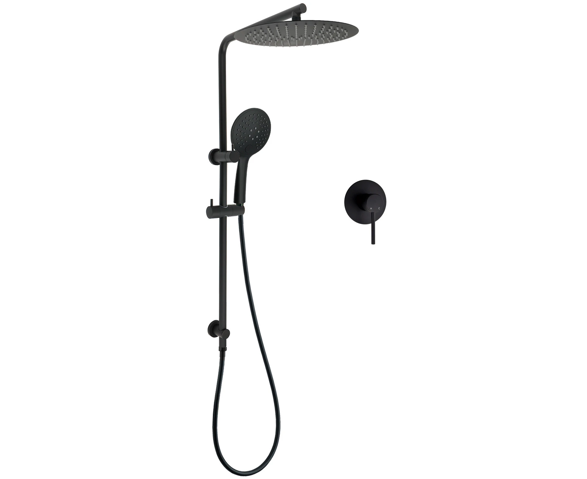 WELS Matt Black Shower Set 12" Large Rain Head Handheld Sliding Rail Arm Round Mixer