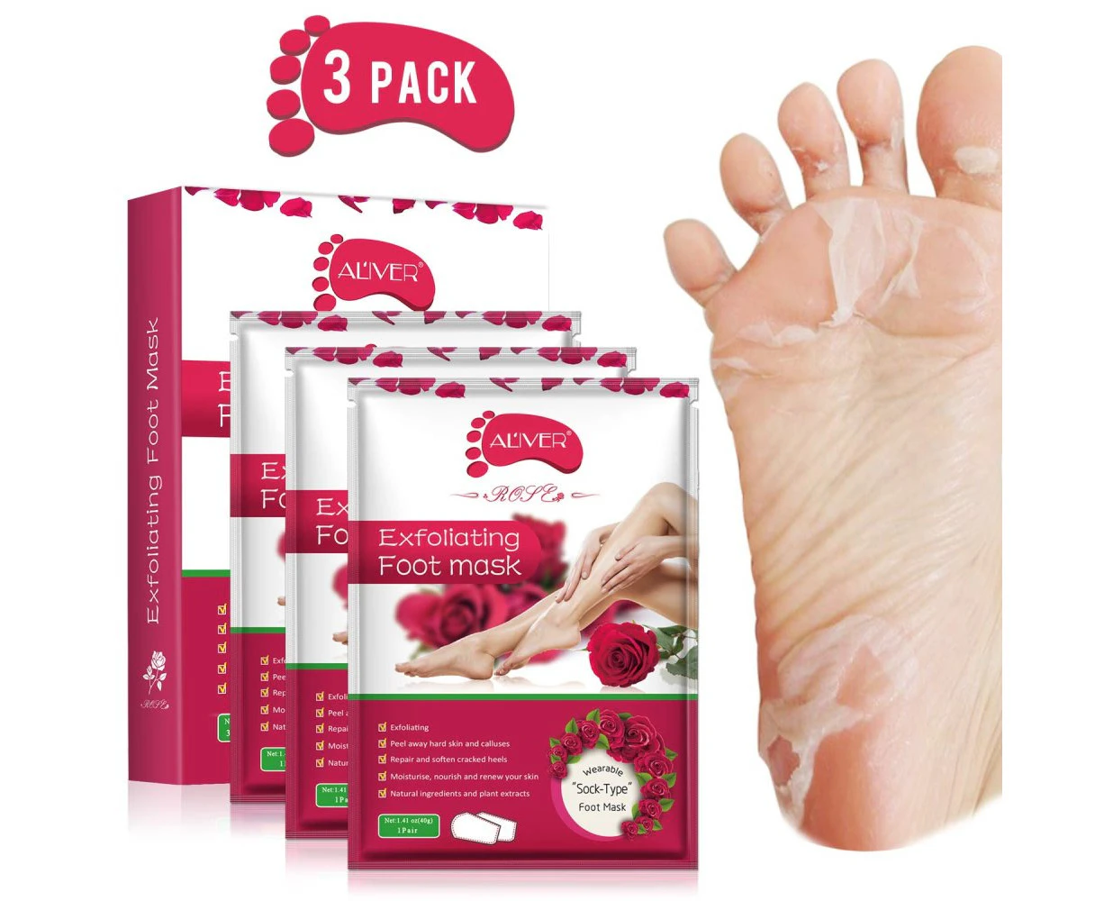 Foot Mask 3-Pack, Exfoliating Foot Peeling Mask (Rose)