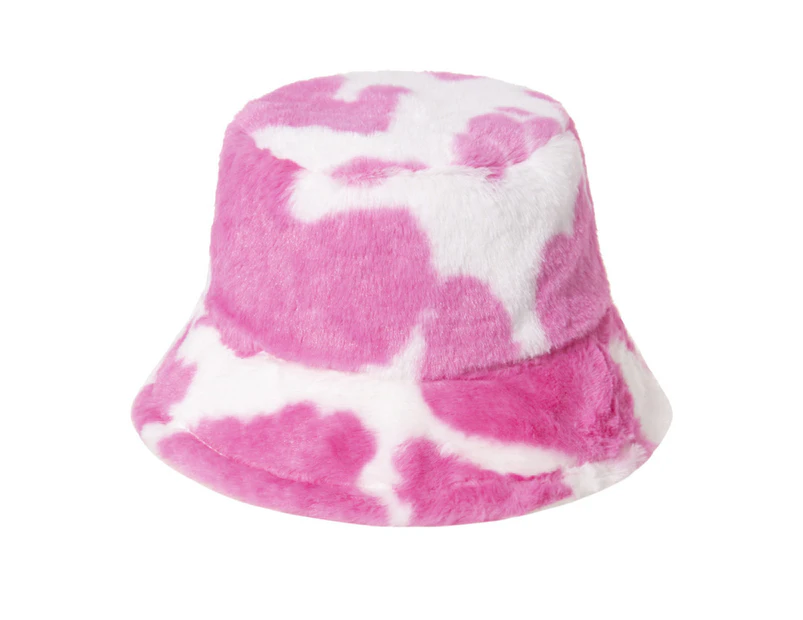 Cow Print Thickened Bucket Hat Plush Wide Brim Foldable Unisex Fisherman Cap Accessories - Rose Red