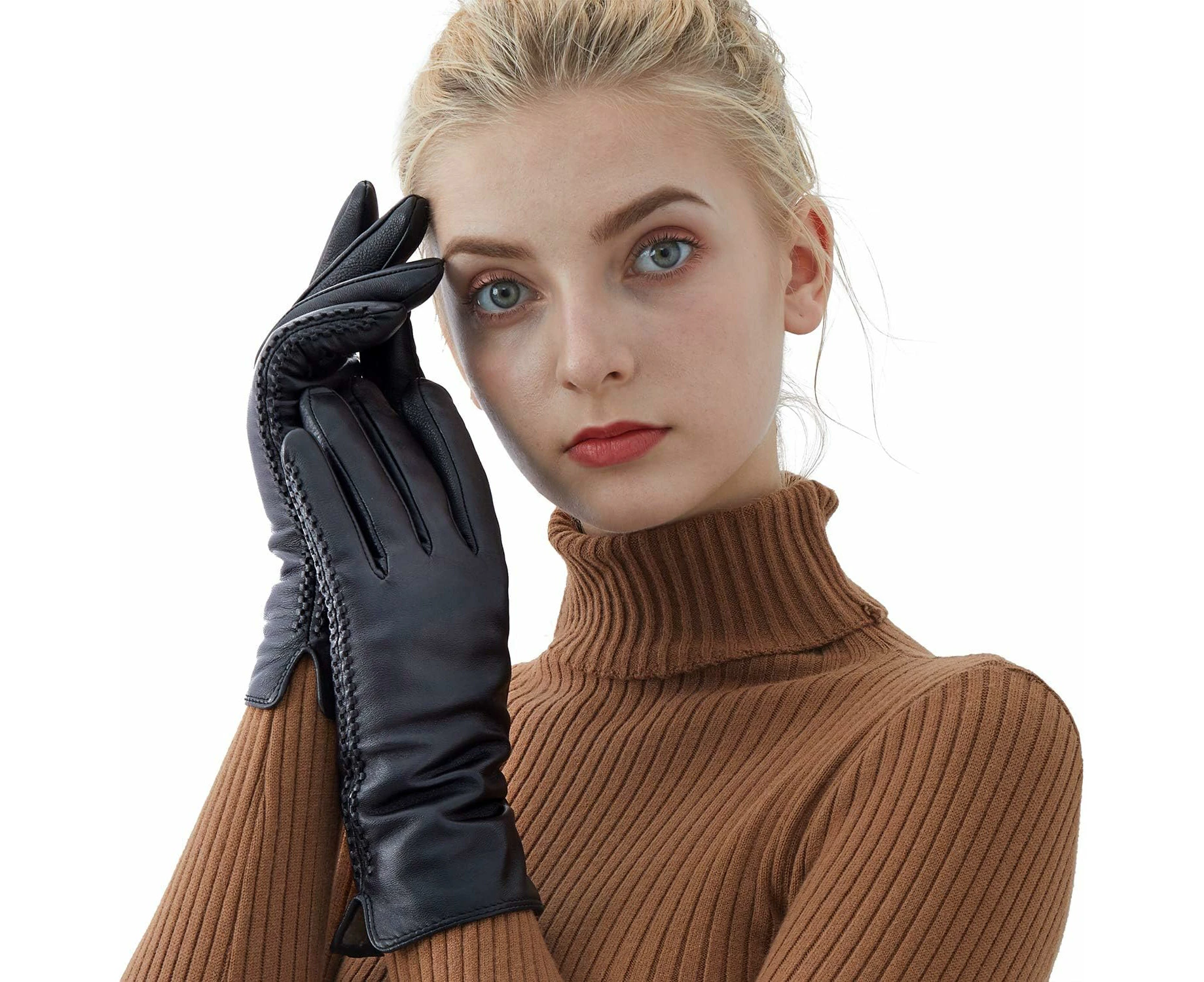 Sheepskin Leather Gloves For Women,Winter Warm Cashmere Lining Touchscreen Texting Driving Motorcycle Dress Gloves,Black-2