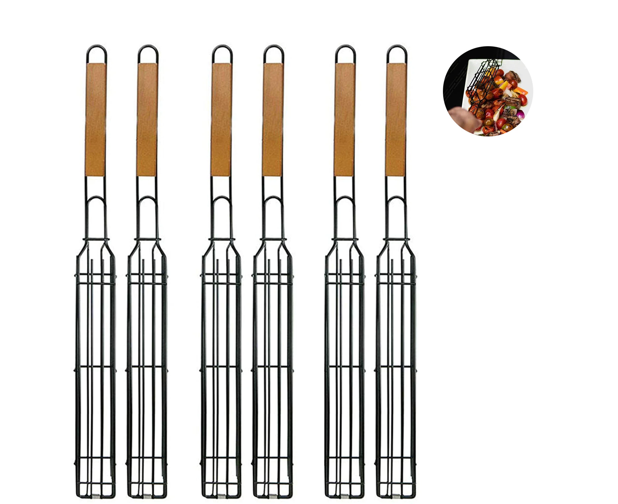 Barbecue Grill Basket Non-Stick Single Kabob Kebab Baskets Bbq Skewers Square Grill Mesh With Wooden Handle For Fried Vegetables Sausage Meat 2Pcs,6Pcs