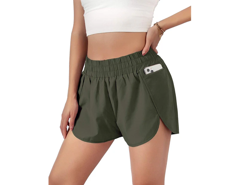 Womens Quick-Dry Running Shorts Sport Layer Elastic Waist Active Workout Shorts with Pockets-L