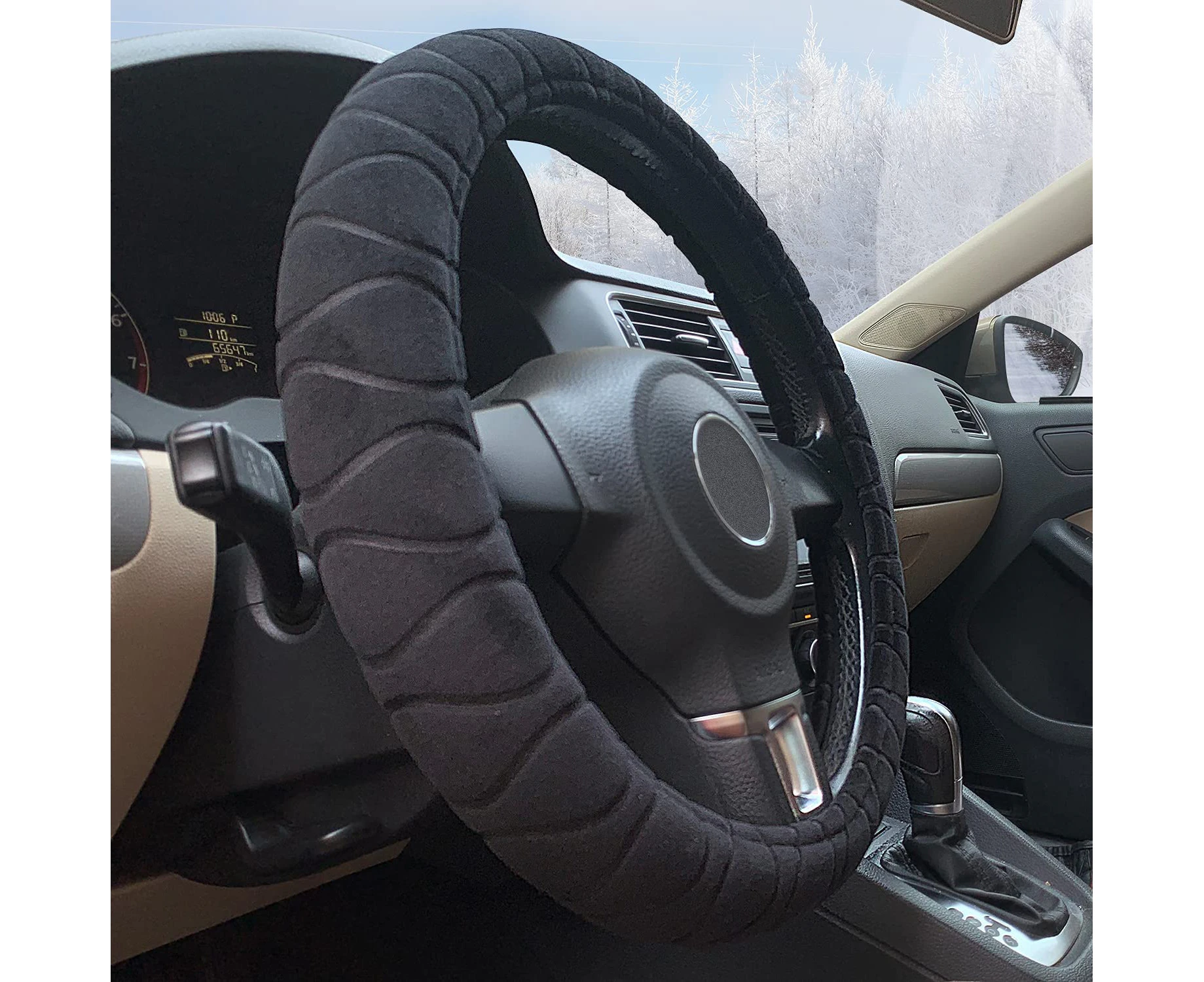 Black Flocked Car Steering Wheel CoverWinter Fuzzy Steering Wheel Cover-Soft Black Plush Warm Hands Universal 15 Inch Car