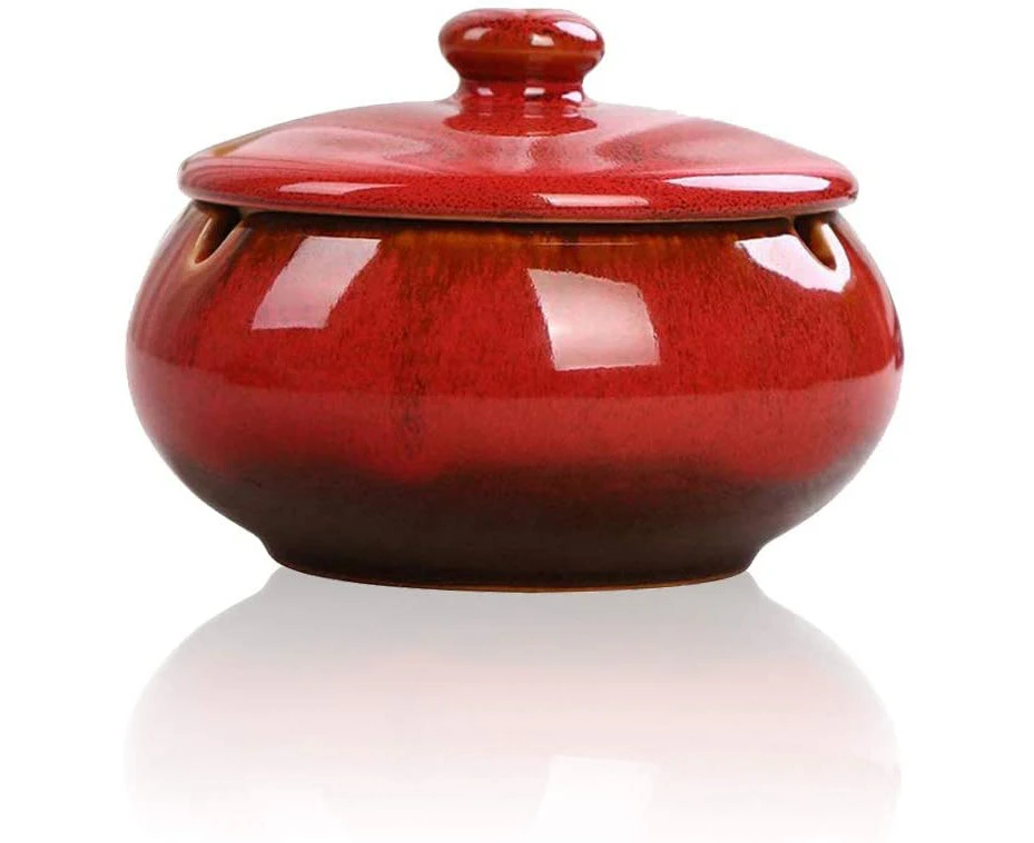 Ceramic Ashtray With Lid, Windproof, Cigarette Ashtray For Indoor Or Outdoor Use, Smoking Ashtray - Red