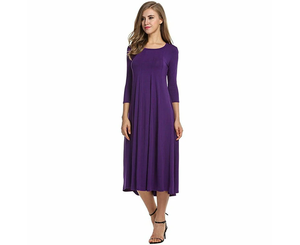 Women'S 3/4 Sleeve A-Line And Flare Midi Long Dress,Purple,Xl