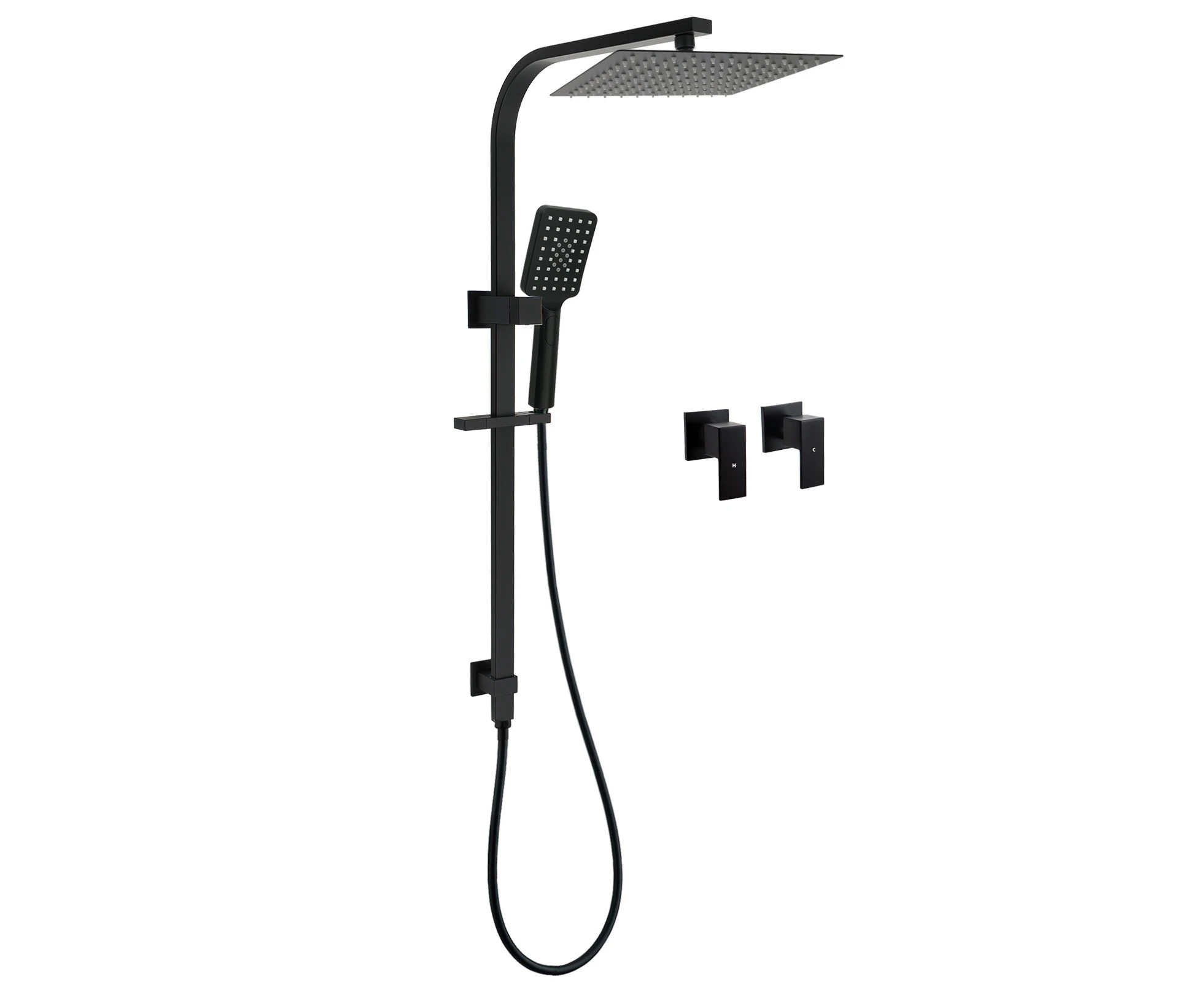 WELS Matt Black 2in1 Shower Set 10" Square Rain Head Handheld Silde Rail Arm Twin Taps