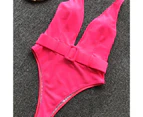 Women Swimsuit Deep V-neck Sleeveless Backless Comfortable Women Monokini for Beach-Rose Red