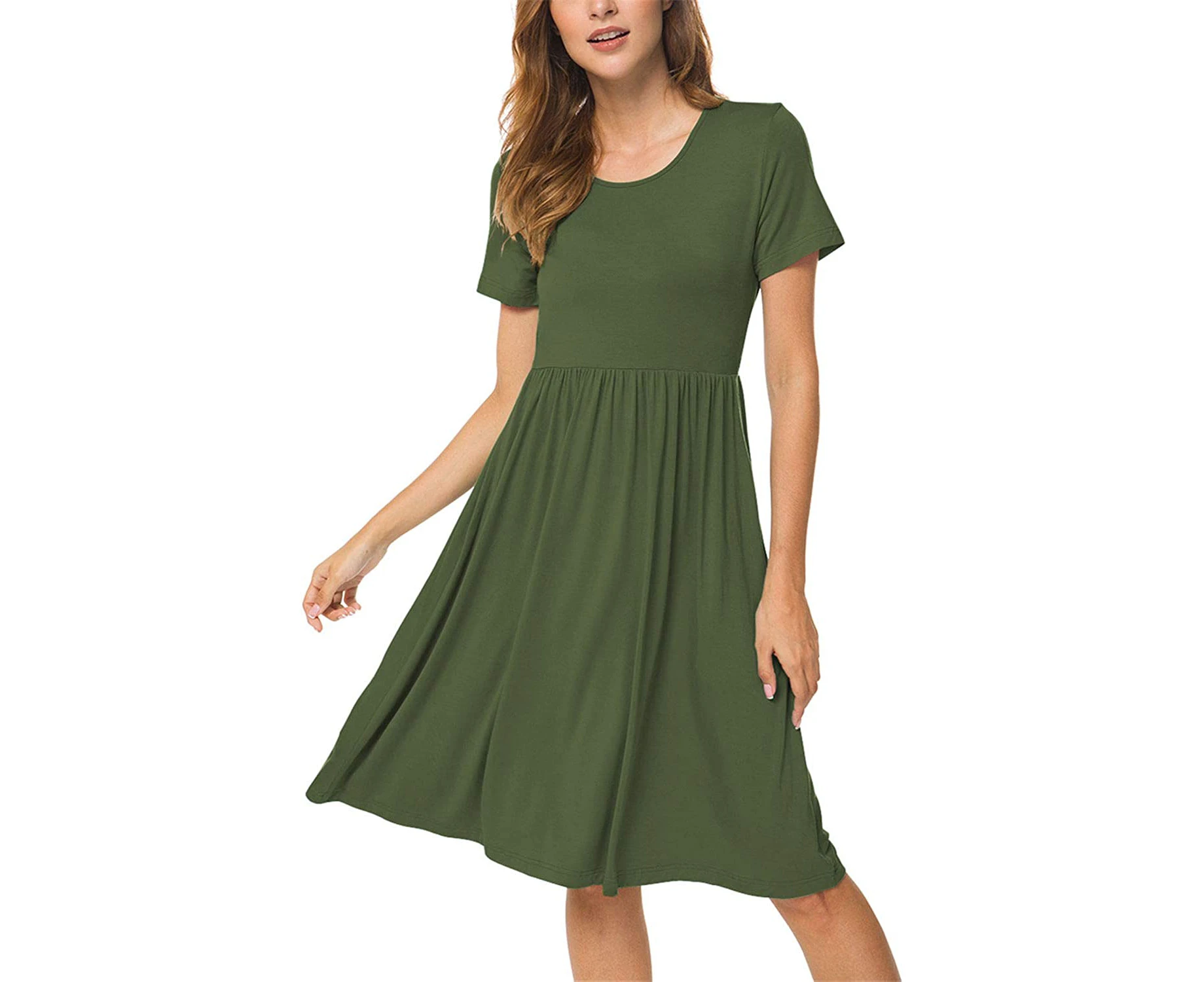 ISLAND Women Summer Casual Short Sleeve Dresses Empire Waist Dress with Pockets - Army Green