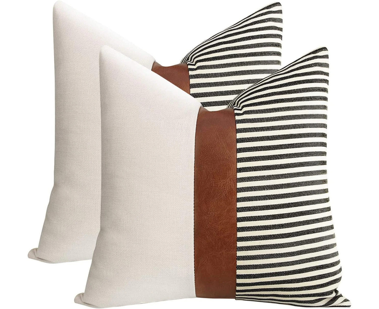 Set of 2 Farmhouse Decor Stripe Patchwork Linen Throw Pillow Covers,Modern Tan Faux Leather Accent Pillow Covers 18x18 inch 18x18 inch-Black