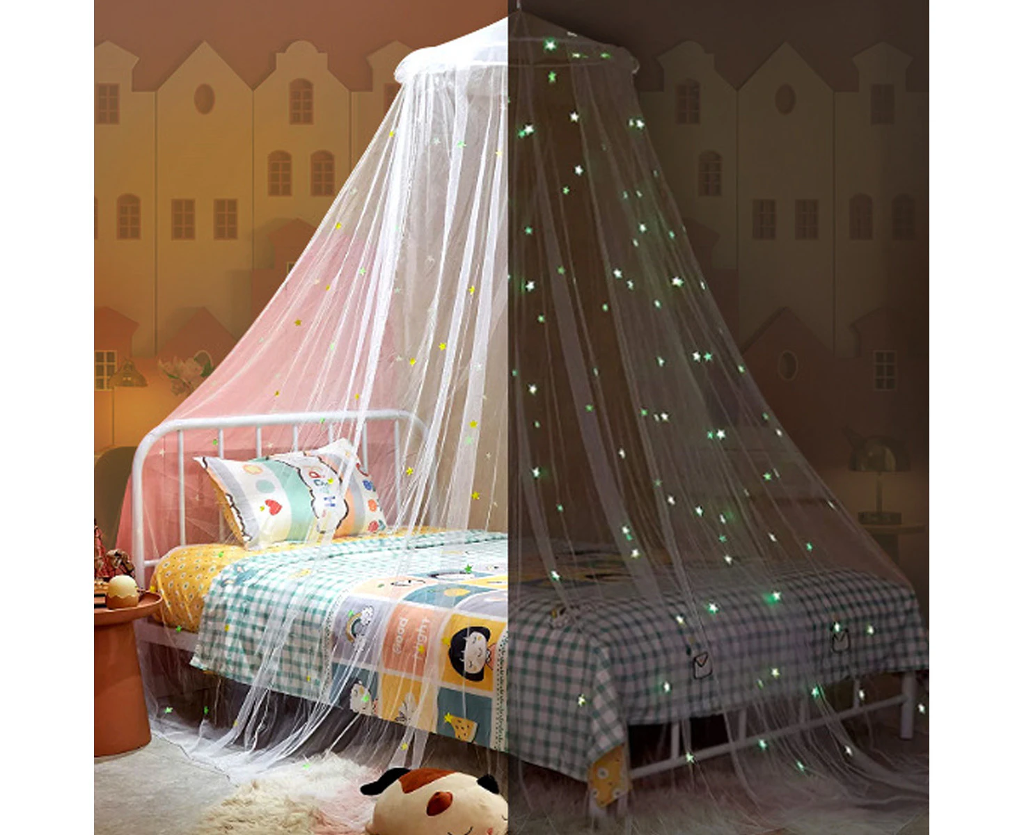 Bed Canopy Mesh Netting with Fluorescent Stars for Girls Kids Glow in Dark Hanging Bed Dome Canopy Crib Tent Easy Installation Mosquito Net for Single to