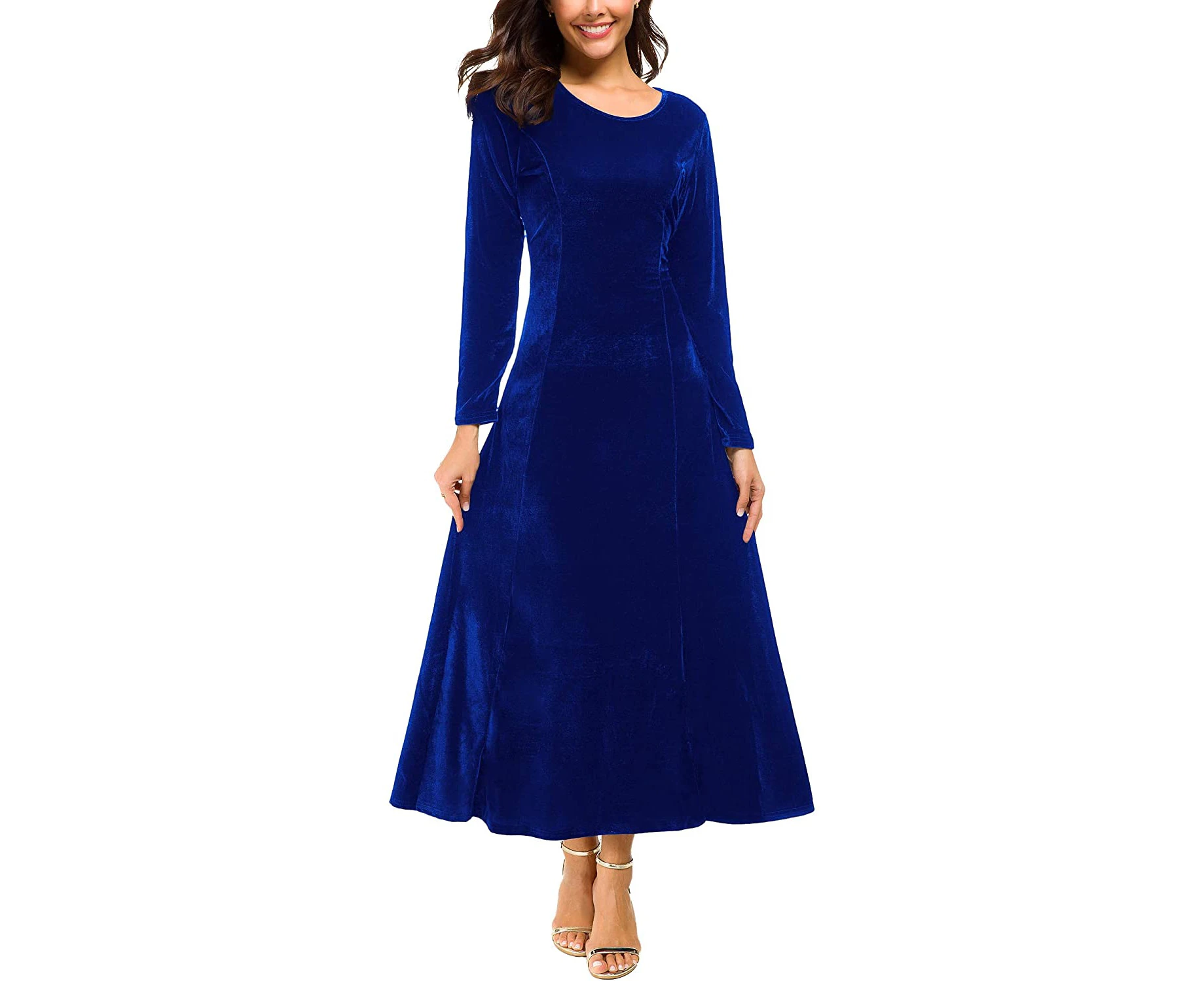 PPIAO Women's Elegant Long Sleeve Ruched Velvet Stretchy Long Dress - Royal Blue