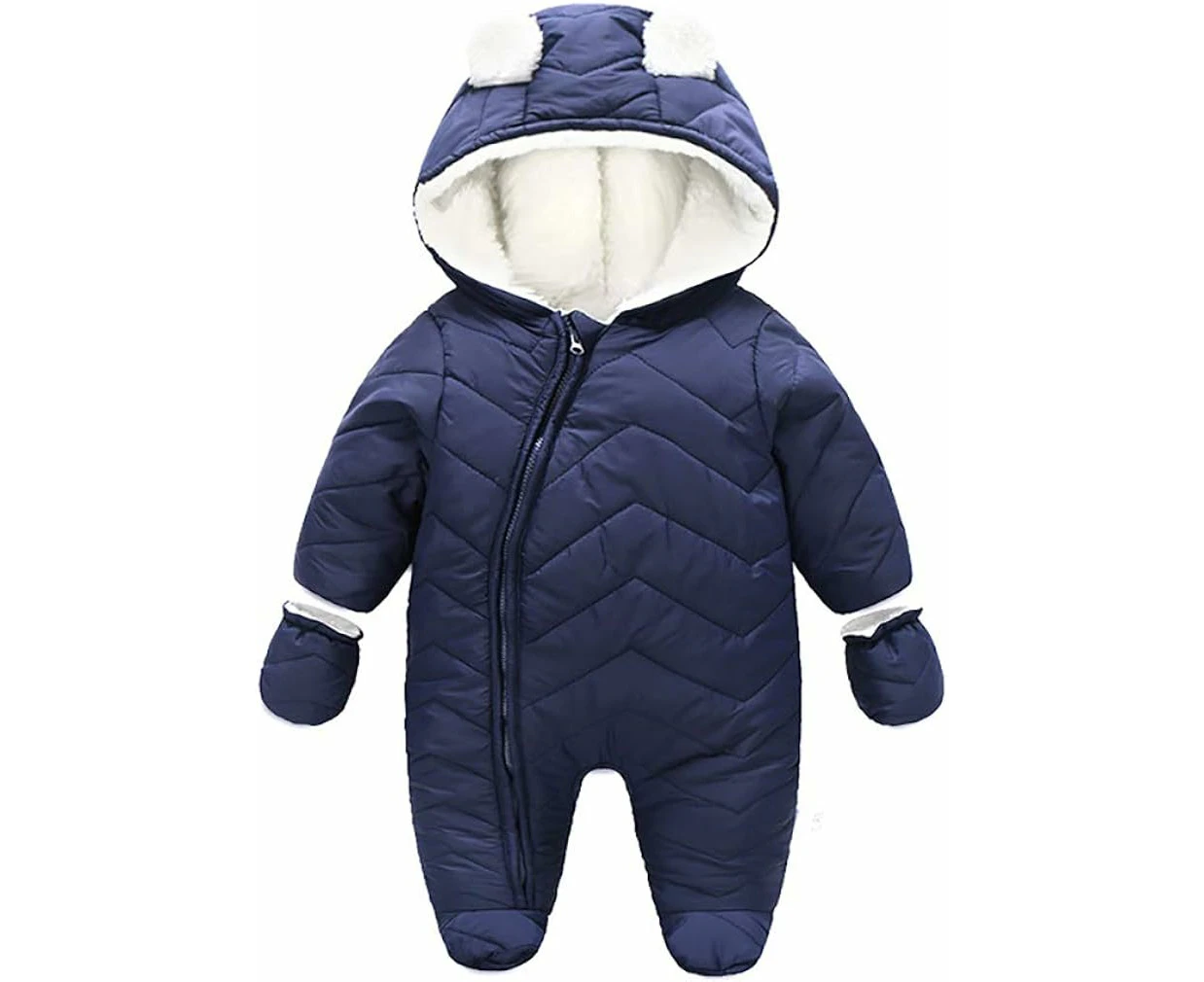 Baby Boy Girl Winter Hooded Snowsuit Romper Zipper Padding Bodysuit Infant Puffer Jacket With Gloves 3-24 Months,Navy Blue,3-6 Months