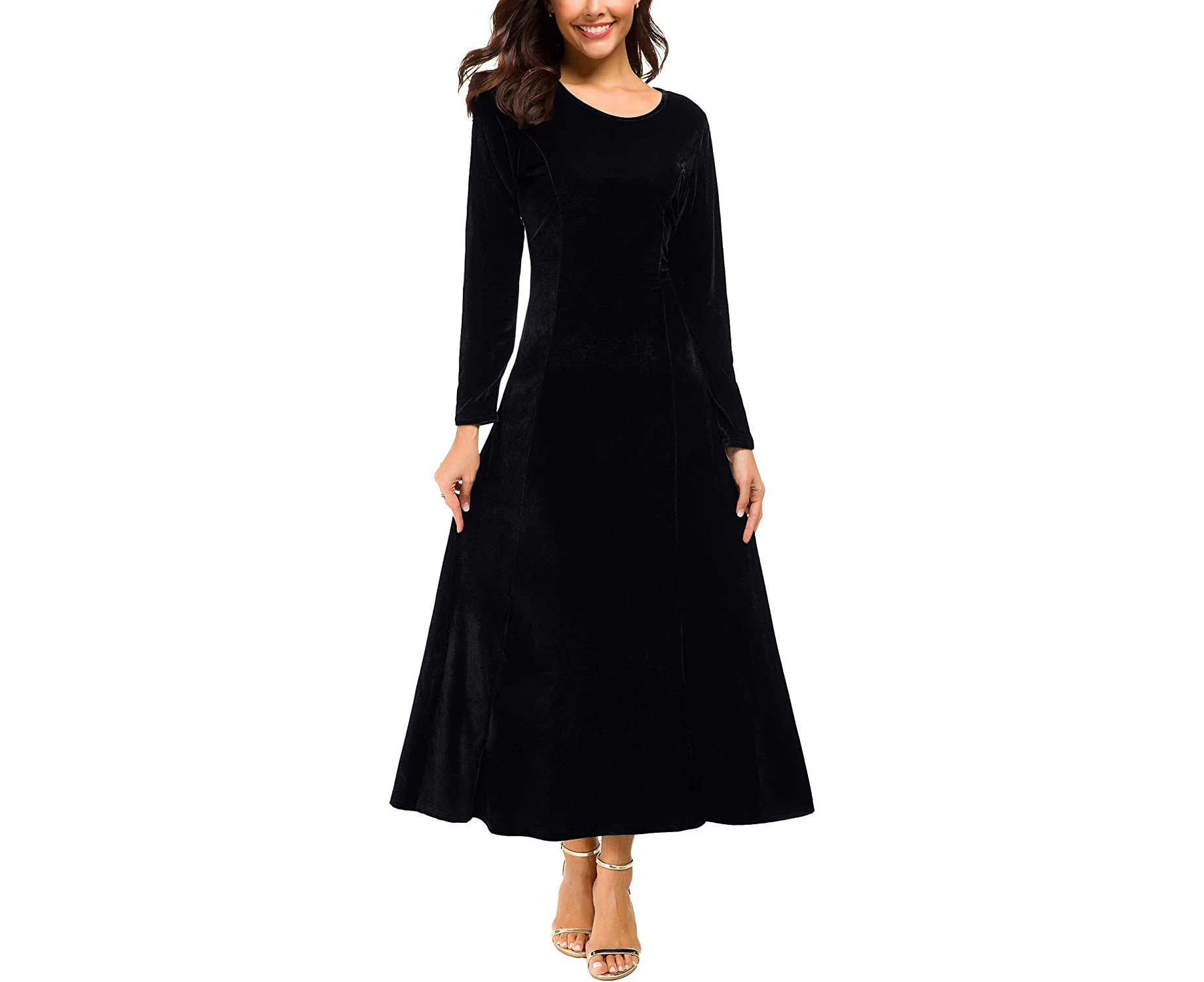 PPIAO Women's Elegant Long Sleeve Ruched Velvet Stretchy Long Dress - Black