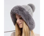 Women Hat Fur Thicken Plush Lining Fluffy Comfortable Keep Warm with Earflap Three Balls Autumn Winter Ladies Knitted Cap for Outdoor Grey