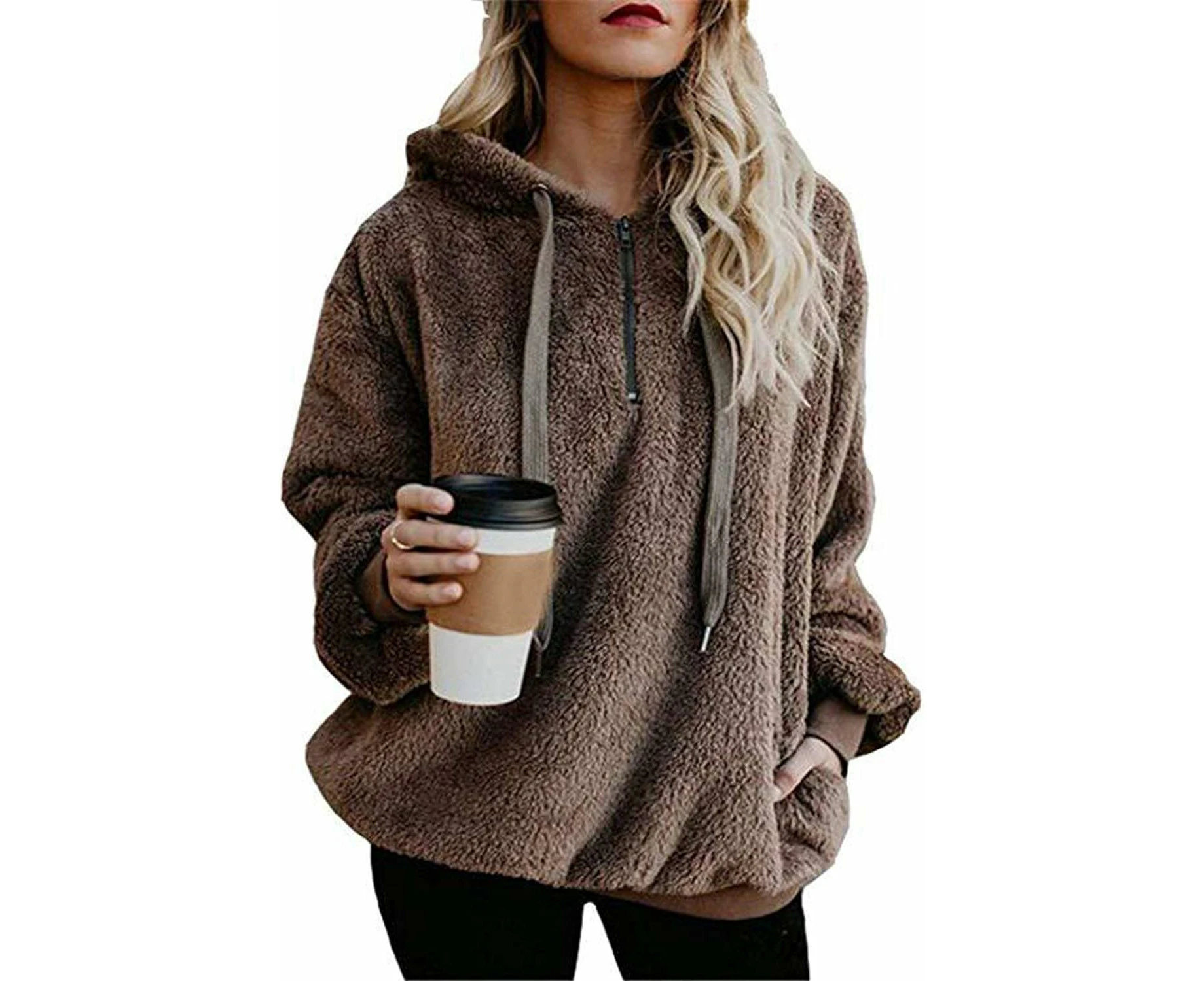 Womens Fuzzy Long Sleeve Drawstring Hoodies Pullover Zip Fleece Sweatshirt Outwear Sweater With Pockets,1-Long Sleeve Brown,Medium