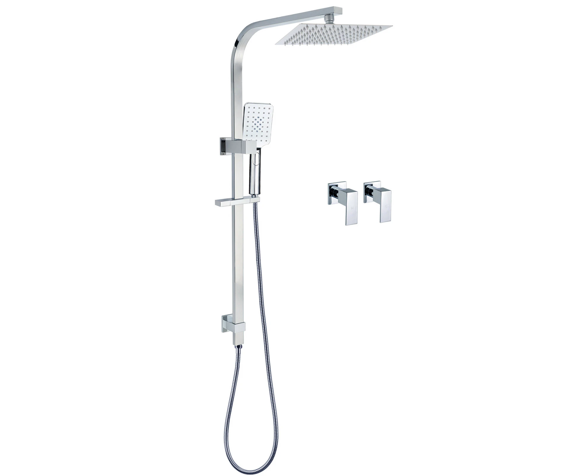 Chrome Twin Square Shower Set 8" Rain Shower Head 3 Function Handheld Rail Arm Taps